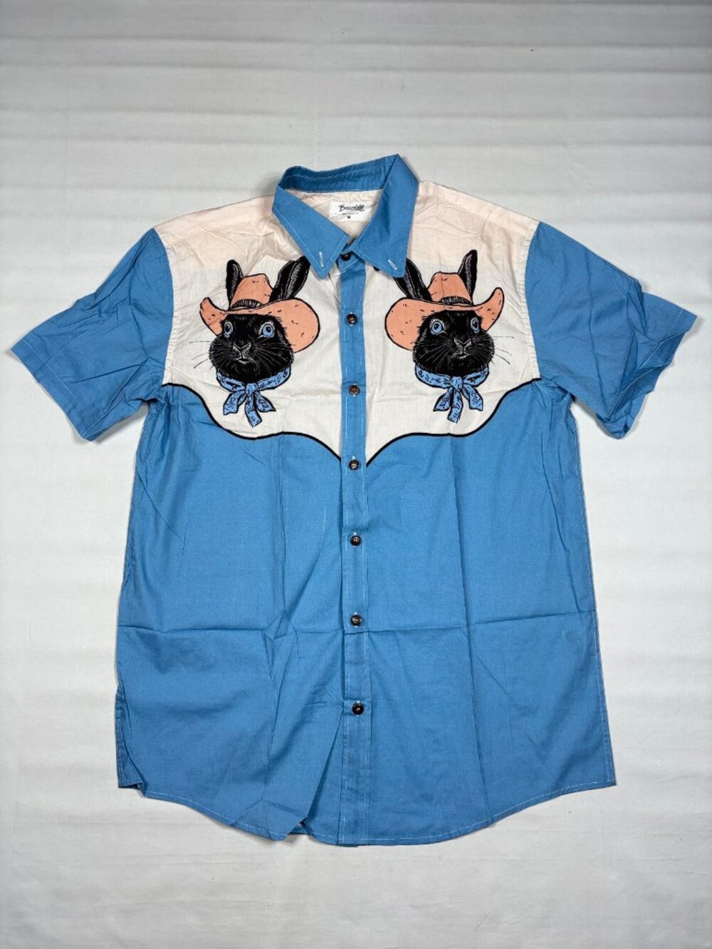 Boozelele Western Cowboy Bunny Shirt Medium Blue Cotton Retro Rockabilly NWOT